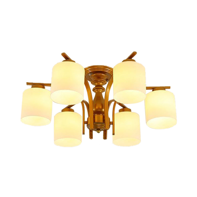 3/5/6 Lights Living Room Ceiling Light Fixture Traditional Gold Semi Flush with Cylinder Frosted Glass Shade Clearhalo 'Ceiling Lights' 'Close To Ceiling Lights' 'Close to ceiling' 'Glass shade' 'Glass' 'Semi-flushmount' Lighting' 342568