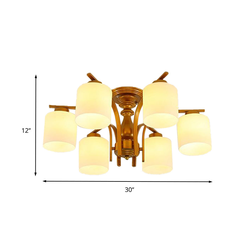 3/5/6 Lights Living Room Ceiling Light Fixture Traditional Gold Semi Flush with Cylinder Frosted Glass Shade Clearhalo 'Ceiling Lights' 'Close To Ceiling Lights' 'Close to ceiling' 'Glass shade' 'Glass' 'Semi-flushmount' Lighting' 342569