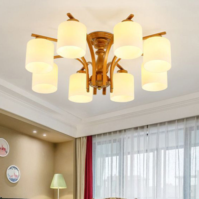 3/5/6 Lights Living Room Ceiling Light Fixture Traditional Gold Semi Flush with Cylinder Frosted Glass Shade 8 Gold Clearhalo 'Ceiling Lights' 'Close To Ceiling Lights' 'Close to ceiling' 'Glass shade' 'Glass' 'Semi-flushmount' Lighting' 342570