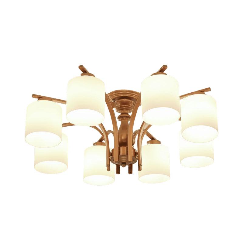 3/5/6 Lights Living Room Ceiling Light Fixture Traditional Gold Semi Flush with Cylinder Frosted Glass Shade Clearhalo 'Ceiling Lights' 'Close To Ceiling Lights' 'Close to ceiling' 'Glass shade' 'Glass' 'Semi-flushmount' Lighting' 342571