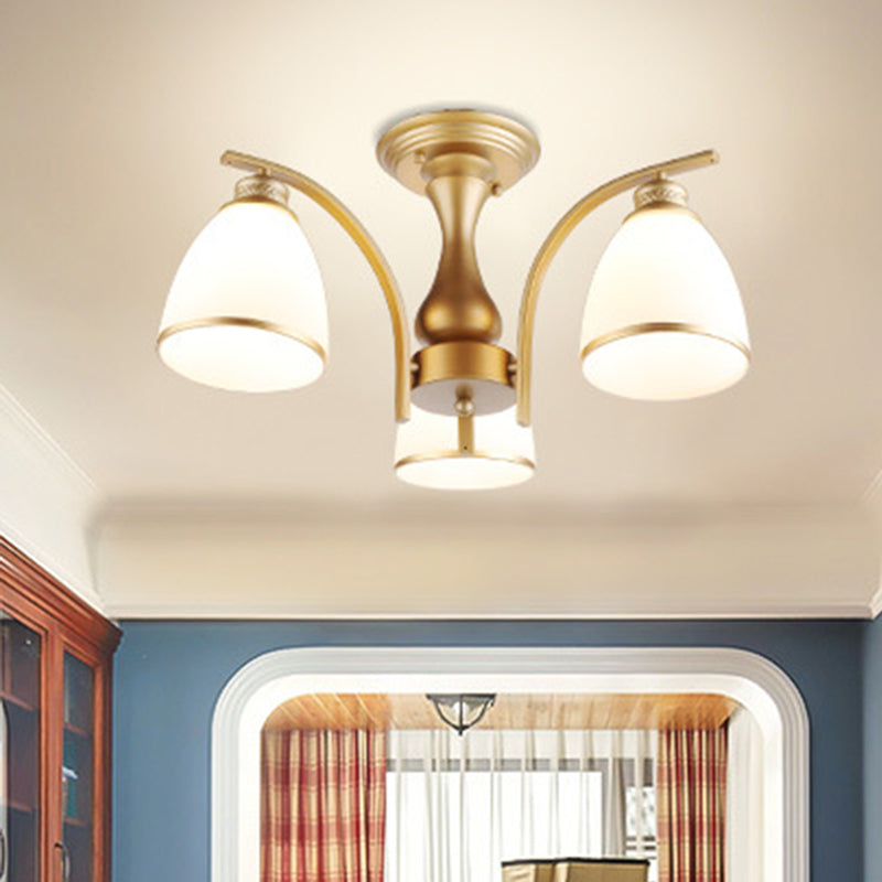 3/5/8 Lights Living Room Ceiling Mounted Fixture Classic Gold Semi Flush Mount with Cone Opal Glass Shade 3 Gold Clearhalo 'Ceiling Lights' 'Close To Ceiling Lights' 'Close to ceiling' 'Glass shade' 'Glass' 'Semi-flushmount' Lighting' 342573
