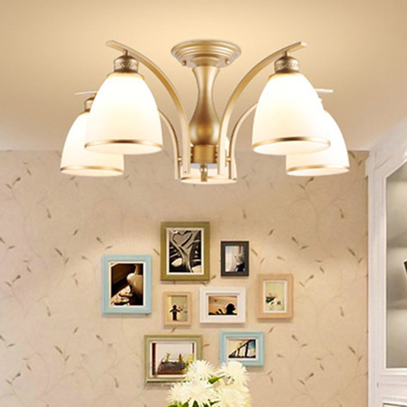 3/5/8 Lights Living Room Ceiling Mounted Fixture Classic Gold Semi Flush Mount with Cone Opal Glass Shade 5 Gold Clearhalo 'Ceiling Lights' 'Close To Ceiling Lights' 'Close to ceiling' 'Glass shade' 'Glass' 'Semi-flushmount' Lighting' 342578