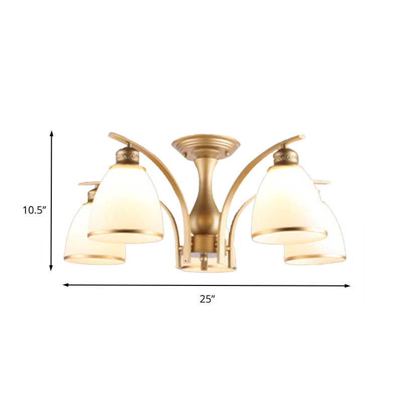 3/5/8 Lights Living Room Ceiling Mounted Fixture Classic Gold Semi Flush Mount with Cone Opal Glass Shade Clearhalo 'Ceiling Lights' 'Close To Ceiling Lights' 'Close to ceiling' 'Glass shade' 'Glass' 'Semi-flushmount' Lighting' 342580