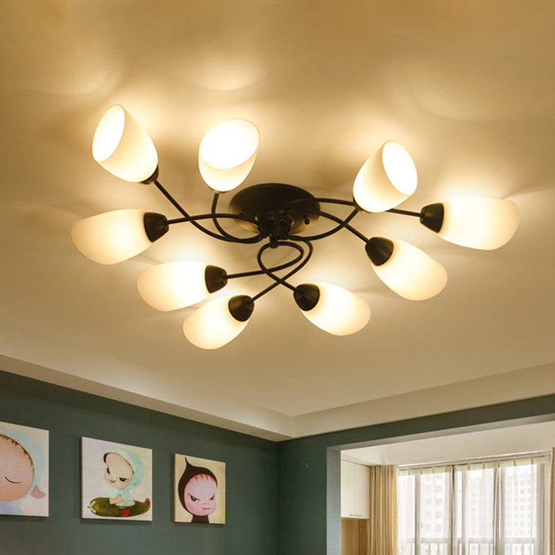 4/6/9 Lights Oval Semi Flush Lighting Traditional White Glass Ceiling Mount for Living Room 9 White Clearhalo 'Ceiling Lights' 'Close To Ceiling Lights' 'Close to ceiling' 'Glass shade' 'Glass' 'Semi-flushmount' Lighting' 342592
