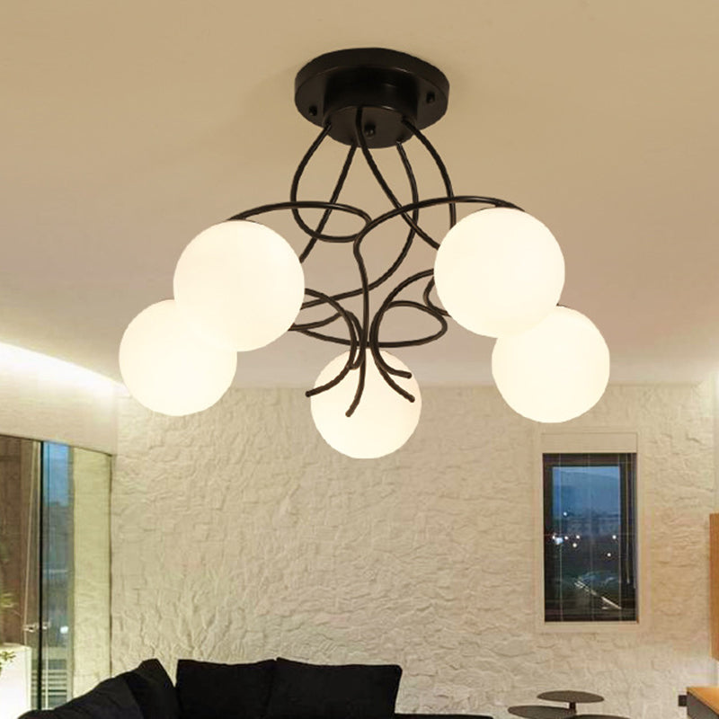 Black/White Round Semi Flush Light Traditional Milky Glass 3/5 Lights Living Room Ceiling Lamp 5 Black Clearhalo 'Ceiling Lights' 'Close To Ceiling Lights' 'Close to ceiling' 'Glass shade' 'Glass' 'Semi-flushmount' Lighting' 342621