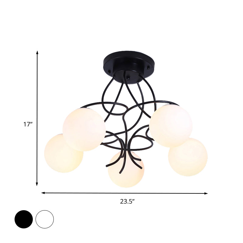 Black/White Round Semi Flush Light Traditional Milky Glass 3/5 Lights Living Room Ceiling Lamp Clearhalo 'Ceiling Lights' 'Close To Ceiling Lights' 'Close to ceiling' 'Glass shade' 'Glass' 'Semi-flushmount' Lighting' 342623