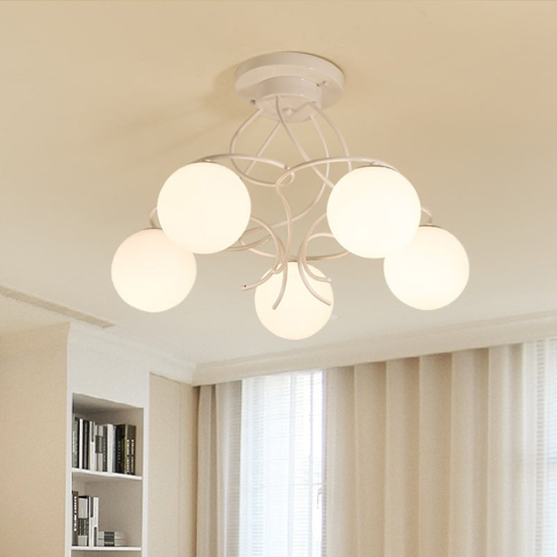 Black/White Round Semi Flush Light Traditional Milky Glass 3/5 Lights Living Room Ceiling Lamp 5 White Clearhalo 'Ceiling Lights' 'Close To Ceiling Lights' 'Close to ceiling' 'Glass shade' 'Glass' 'Semi-flushmount' Lighting' 342624