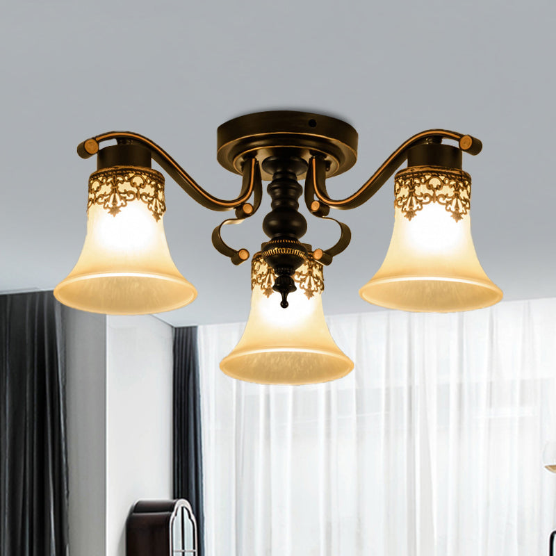 Black Bell Semi Flush Mount Classic Frosted Glass 3/6/8 Lights Living Room Ceiling Light Fixture 3 Black Clearhalo 'Ceiling Lights' 'Close To Ceiling Lights' 'Close to ceiling' 'Glass shade' 'Glass' 'Pendant Lights' 'Semi-flushmount' Lighting' 342662