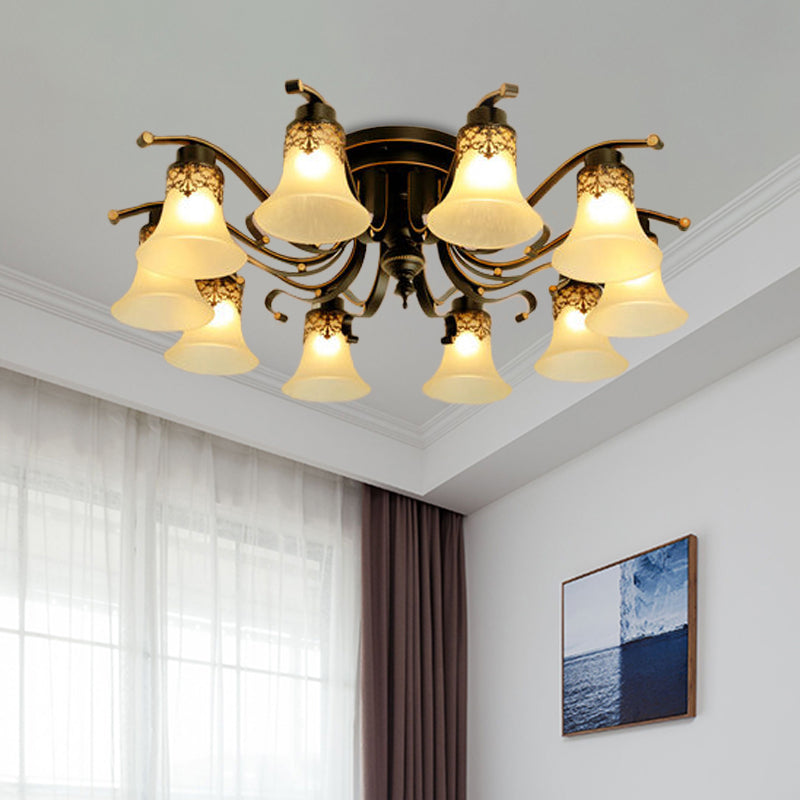 Black Bell Semi Flush Mount Classic Frosted Glass 3/6/8 Lights Living Room Ceiling Light Fixture 10 Black Clearhalo 'Ceiling Lights' 'Close To Ceiling Lights' 'Close to ceiling' 'Glass shade' 'Glass' 'Pendant Lights' 'Semi-flushmount' Lighting' 342675