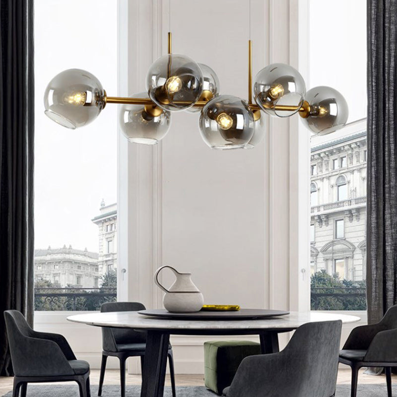 8 Bulbs Ball Island Lamp Contemporary Clear/Smoke Glass Suspended Lighting Fixture in Black/Gold for Dining Room Gold Smoke Grey Clearhalo 'Ceiling Lights' 'Chandeliers' 'Close To Ceiling Lights' 'Glass shade' 'Glass' 'Island Lights' Lighting' 342739