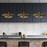Black/Brass/Chrome Exposed Bulb Chandelier Lamp Retro 3 Heads Clear Glass Ceiling Pendant Light with Metal Disc Brass Clearhalo 'Ceiling Lights' 'Chandeliers' 'Close To Ceiling Lights' 'Glass shade' 'Glass' Lighting' 342761