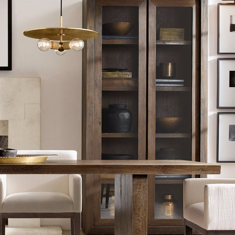 Black/Brass/Chrome Exposed Bulb Chandelier Lamp Retro 3 Heads Clear Glass Ceiling Pendant Light with Metal Disc Clearhalo 'Ceiling Lights' 'Chandeliers' 'Close To Ceiling Lights' 'Glass shade' 'Glass' Lighting' 342762