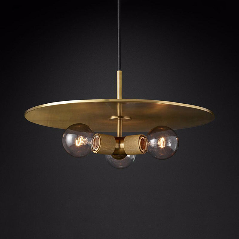 Black/Brass/Chrome Exposed Bulb Chandelier Lamp Retro 3 Heads Clear Glass Ceiling Pendant Light with Metal Disc Clearhalo 'Ceiling Lights' 'Chandeliers' 'Close To Ceiling Lights' 'Glass shade' 'Glass' Lighting' 342763