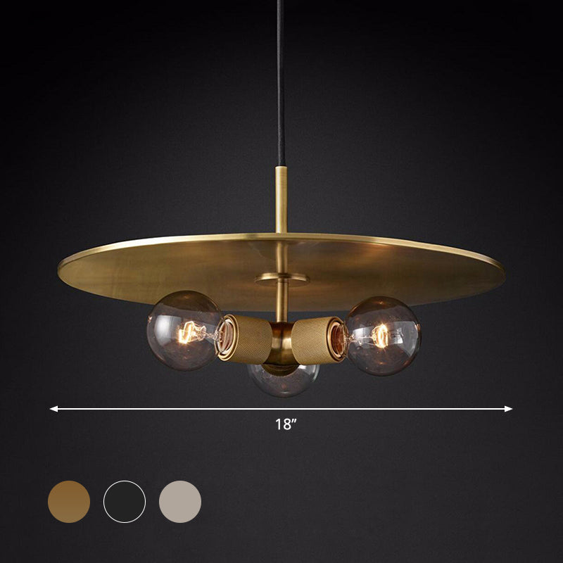 Black/Brass/Chrome Exposed Bulb Chandelier Lamp Retro 3 Heads Clear Glass Ceiling Pendant Light with Metal Disc Clearhalo 'Ceiling Lights' 'Chandeliers' 'Close To Ceiling Lights' 'Glass shade' 'Glass' Lighting' 342764