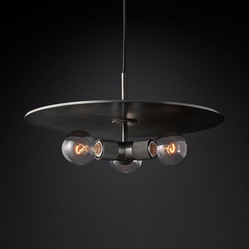 Black/Brass/Chrome Exposed Bulb Chandelier Lamp Retro 3 Heads Clear Glass Ceiling Pendant Light with Metal Disc Black Clearhalo 'Ceiling Lights' 'Chandeliers' 'Close To Ceiling Lights' 'Glass shade' 'Glass' Lighting' 342765