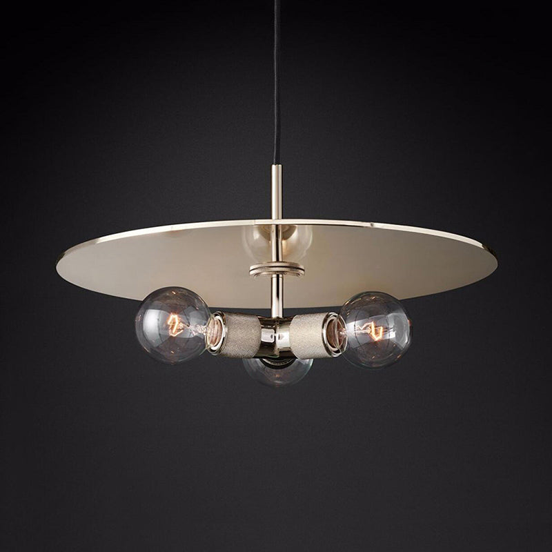 Black/Brass/Chrome Exposed Bulb Chandelier Lamp Retro 3 Heads Clear Glass Ceiling Pendant Light with Metal Disc Chrome Clearhalo 'Ceiling Lights' 'Chandeliers' 'Close To Ceiling Lights' 'Glass shade' 'Glass' Lighting' 342766