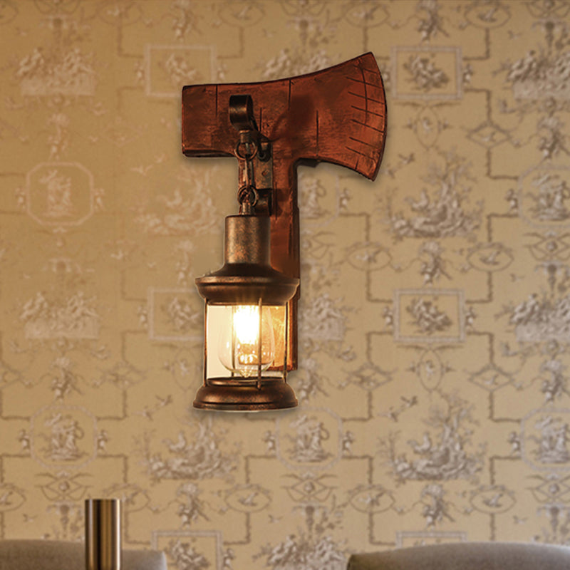 Rust One Light Sconce Light Coastal Clear Glass Lantern Lighting Fixture with Wooden Backplate Clearhalo 'Industrial wall lights' 'Industrial' 'Middle century wall lights' 'Rustic wall lights' 'Tiffany' 'Wall Lamps & Sconces' 'Wall Lights' Lighting' 3435