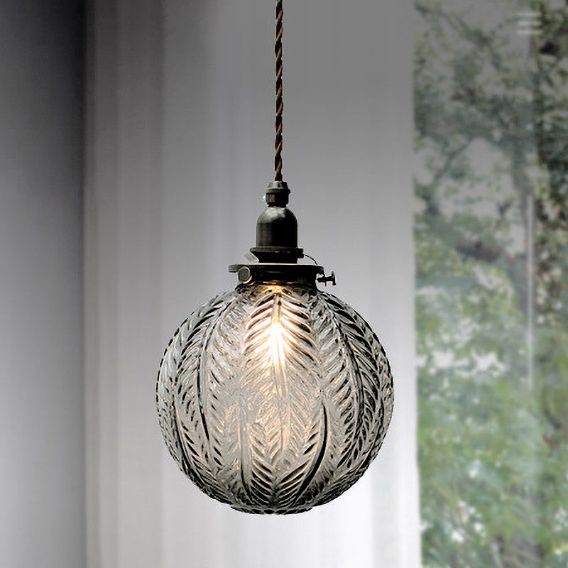 Colonial Global Pendant Light Fixture 1-Head Clear/Smoke Gray Glass Hanging Lamp Kit with Feather Design Smoke Gray Clearhalo 'Ceiling Lights' 'Close To Ceiling Lights' 'Glass shade' 'Glass' 'Pendant Lights' 'Pendants' Lighting' 34356