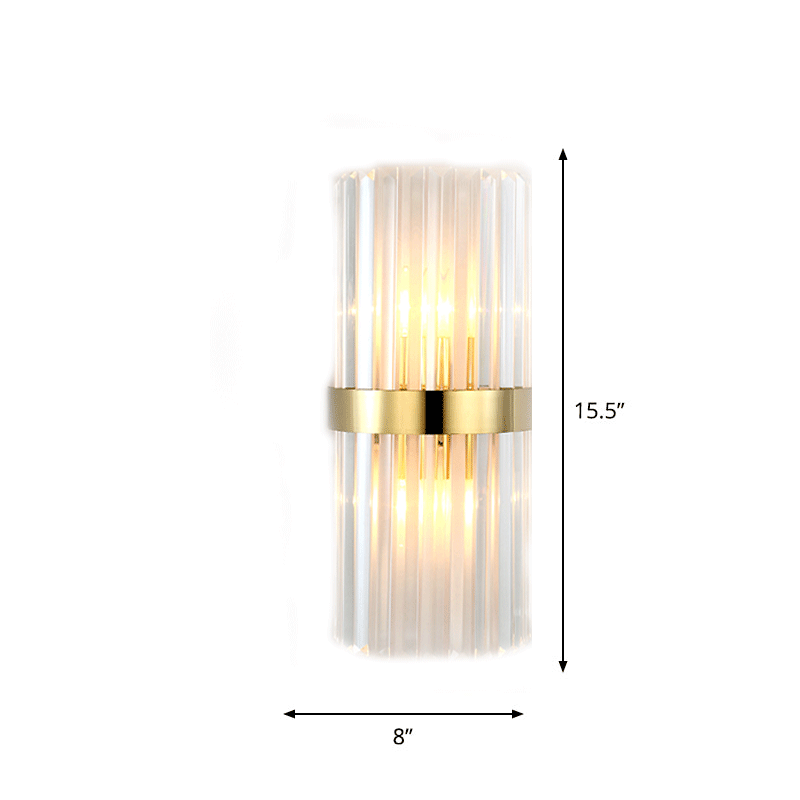 Cylinder/Tapered Wall Light Fixture Postmodern Prismatic/Fluted Crystal 2-Light Living Room Flush Mount Wall Sconce in Gold Clearhalo 'Cast Iron' 'Glass' 'Industrial' 'Modern wall lights' 'Modern' 'Tiffany' 'Traditional wall lights' 'Wall Lamps & Sconces' 'Wall Lights' Lighting' 345