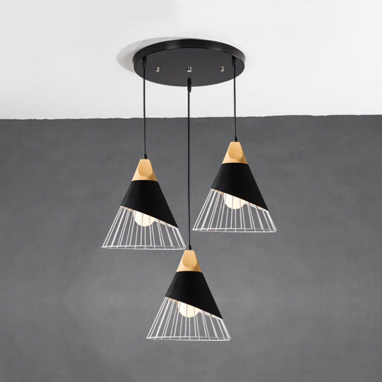 Black Finish Tapered Cage Ceiling Pendant Modernism Metal 3 Lights Indoor Hanging Light Fixture, Linear/Round Canopy Black Round Clearhalo 'Ceiling Lights' 'Modern Pendants' 'Modern' 'Pendant Lights' 'Pendants' Lighting' 34508