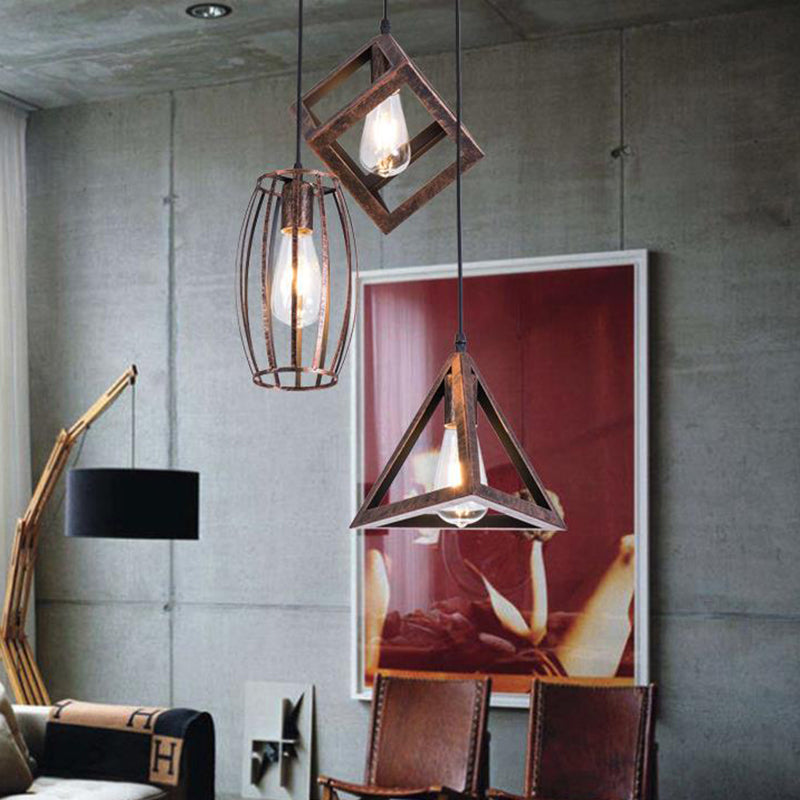 Caged Wrought Iron Pendant Lamp Antique Style 3 Heads Dining Room Hanging Ceiling Light in Rust Rust Round Clearhalo 'Art Deco Pendants' 'Cast Iron' 'Ceiling Lights' 'Ceramic' 'Crystal' 'Industrial Pendants' 'Industrial' 'Metal' 'Middle Century Pendants' 'Pendant Lights' 'Pendants' 'Tiffany' Lighting' 34596