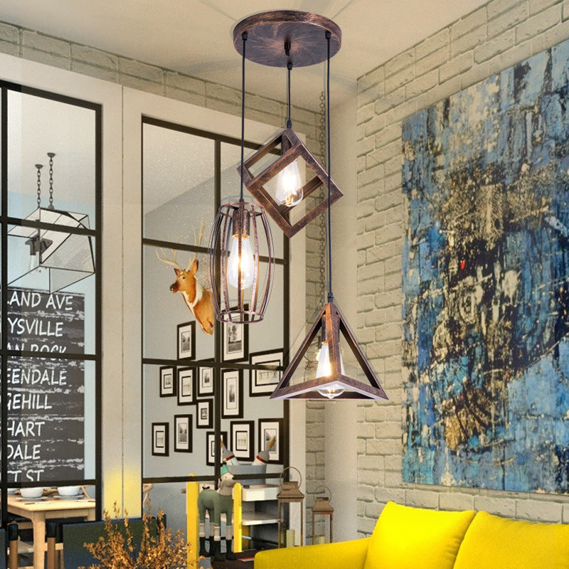 Caged Wrought Iron Pendant Lamp Antique Style 3 Heads Dining Room Hanging Ceiling Light in Rust Clearhalo 'Art Deco Pendants' 'Cast Iron' 'Ceiling Lights' 'Ceramic' 'Crystal' 'Industrial Pendants' 'Industrial' 'Metal' 'Middle Century Pendants' 'Pendant Lights' 'Pendants' 'Tiffany' Lighting' 34597