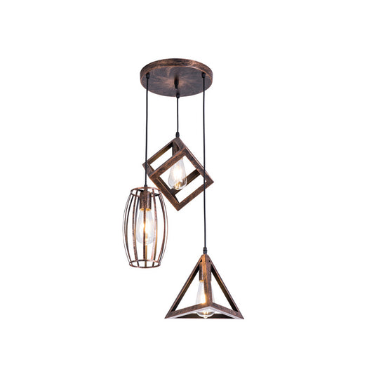 Caged Wrought Iron Pendant Lamp Antique Style 3 Heads Dining Room Hanging Ceiling Light in Rust Clearhalo 'Art Deco Pendants' 'Cast Iron' 'Ceiling Lights' 'Ceramic' 'Crystal' 'Industrial Pendants' 'Industrial' 'Metal' 'Middle Century Pendants' 'Pendant Lights' 'Pendants' 'Tiffany' Lighting' 34598