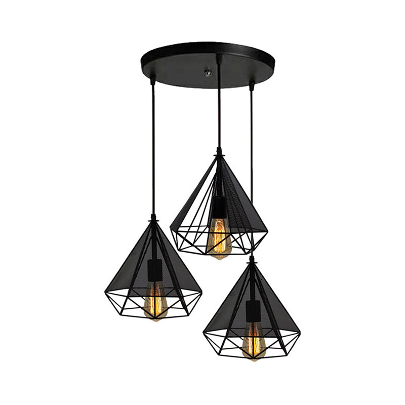 Black Diamond Cage Hanging Light Retro Style Metallic 3 Heads Dining Room Pendant Lighting with Round/Linear Canopy Clearhalo 'Art Deco Pendants' 'Black' 'Cast Iron' 'Ceiling Lights' 'Ceramic' 'Crystal' 'Industrial Pendants' 'Industrial' 'Metal' 'Middle Century Pendants' 'Pendant Lights' 'Pendants' 'Rustic Pendants' 'Tiffany' Lighting' 34680