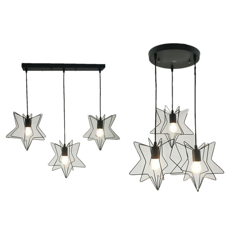 Star Cage Metallic Pendant Light Industrial 3 Heads Restaurant Ceiling Fixture with Linear/Round Canopy in Black/White Clearhalo 'Art Deco Pendants' 'Black' 'Cast Iron' 'Ceiling Lights' 'Ceramic' 'Crystal' 'Industrial Pendants' 'Industrial' 'Metal' 'Middle Century Pendants' 'Pendant Lights' 'Pendants' 'Rustic Pendants' 'Tiffany' Lighting' 35006
