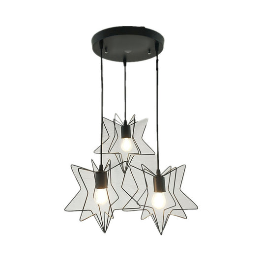 Star Cage Metallic Pendant Light Industrial 3 Heads Restaurant Ceiling Fixture with Linear/Round Canopy in Black/White Black Round Clearhalo 'Art Deco Pendants' 'Black' 'Cast Iron' 'Ceiling Lights' 'Ceramic' 'Crystal' 'Industrial Pendants' 'Industrial' 'Metal' 'Middle Century Pendants' 'Pendant Lights' 'Pendants' 'Rustic Pendants' 'Tiffany' Lighting' 35009