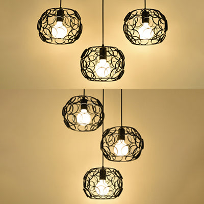 3 Bulbs Pendant Lamp Retro Drum Shade Metal Suspension Light with Wire Frame and Circles Design in Black Clearhalo 'Art Deco Pendants' 'Black' 'Cast Iron' 'Ceiling Lights' 'Ceramic' 'Crystal' 'Industrial Pendants' 'Industrial' 'Metal' 'Middle Century Pendants' 'Pendant Lights' 'Pendants' 'Rustic Pendants' 'Tiffany' Lighting' 35173
