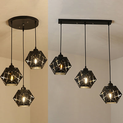 Geometric Hanging Lamp with Carved Metal Shade Industrial 3 Lights Kitchen Pendant Light Clearhalo 'Art Deco Pendants' 'Black' 'Cast Iron' 'Ceiling Lights' 'Ceramic' 'Crystal' 'Industrial Pendants' 'Industrial' 'Metal' 'Middle Century Pendants' 'Pendant Lights' 'Pendants' 'Rustic Pendants' 'Tiffany' Lighting' 35193