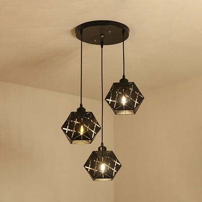 Geometric Hanging Lamp with Carved Metal Shade Industrial 3 Lights Kitchen Pendant Light Black Round Clearhalo 'Art Deco Pendants' 'Black' 'Cast Iron' 'Ceiling Lights' 'Ceramic' 'Crystal' 'Industrial Pendants' 'Industrial' 'Metal' 'Middle Century Pendants' 'Pendant Lights' 'Pendants' 'Rustic Pendants' 'Tiffany' Lighting' 35194