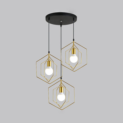 Hexagon Metal Frame Suspension Light Retro Loft 3 Lights Dining Room Hanging Pendant Light in Gold Gold Round Clearhalo 'Art Deco Pendants' 'Cast Iron' 'Ceiling Lights' 'Ceramic' 'Crystal' 'Industrial Pendants' 'Industrial' 'Metal' 'Middle Century Pendants' 'Pendant Lights' 'Pendants' 'Tiffany' Lighting' 35199
