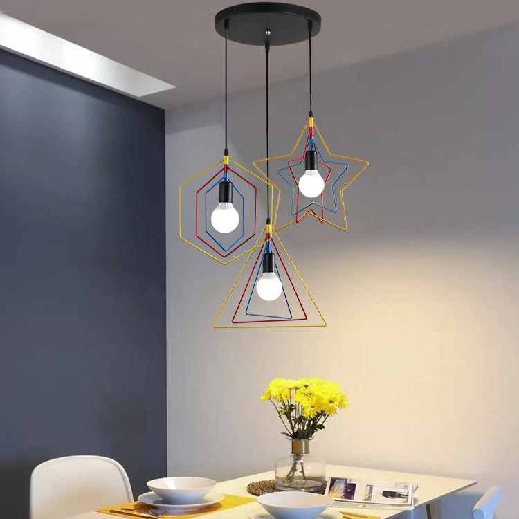 Multi Colored Geometric Pendant Light Industrial Metal 3 Lights Dining Room Hanging Ceiling Light Red-Yellow-Blue Round Clearhalo 'Art Deco Pendants' 'Cast Iron' 'Ceiling Lights' 'Ceramic' 'Crystal' 'Industrial Pendants' 'Industrial' 'Metal' 'Middle Century Pendants' 'Pendant Lights' 'Pendants' 'Tiffany' Lighting' 35205
