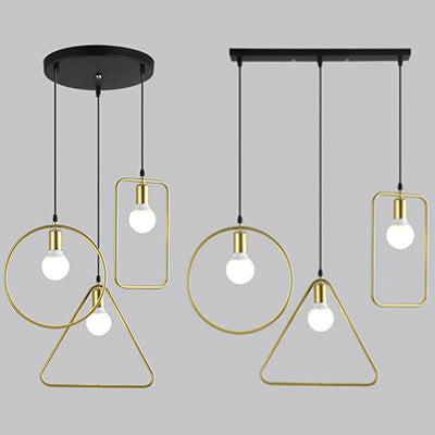 Industrial Style Geometric Hanging Light with Metal Frame 3 Lights Pendant Lighting in Gold, Round/Linear Canopy Clearhalo 'Art Deco Pendants' 'Cast Iron' 'Ceiling Lights' 'Ceramic' 'Crystal' 'Industrial Pendants' 'Industrial' 'Metal' 'Middle Century Pendants' 'Pendant Lights' 'Pendants' 'Tiffany' Lighting' 35213