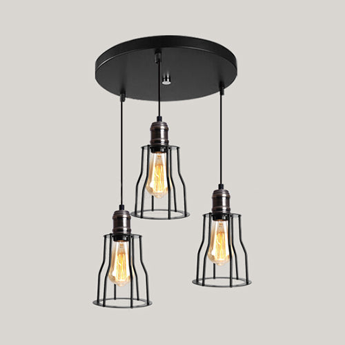 Industrial Caged Hanging Fixture with Cylindrical Shade 3 Lights Metallic Hanging Pendant Light in Black Black Round Clearhalo 'Art Deco Pendants' 'Black' 'Cast Iron' 'Ceiling Lights' 'Ceramic' 'Crystal' 'Industrial Pendants' 'Industrial' 'Metal' 'Middle Century Pendants' 'Pendant Lights' 'Pendants' 'Rustic Pendants' 'Tiffany' Lighting' 35292