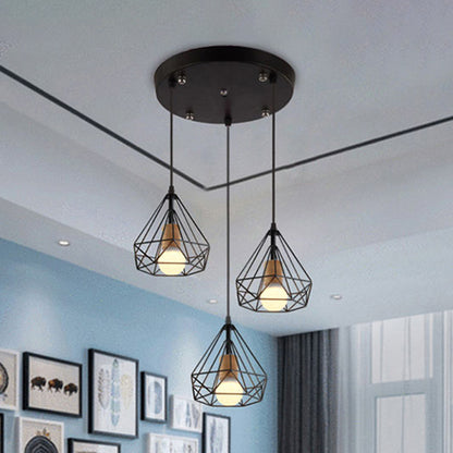 3 Bulbs Pendant Lighting Industrial Style Diamond Cage Shade Metallic Ceiling Pendant in Black Black Round Clearhalo 'Art Deco Pendants' 'Black' 'Cast Iron' 'Ceiling Lights' 'Ceramic' 'Crystal' 'Industrial Pendants' 'Industrial' 'Metal' 'Middle Century Pendants' 'Pendant Lights' 'Pendants' 'Rustic Pendants' 'Tiffany' Lighting' 35381