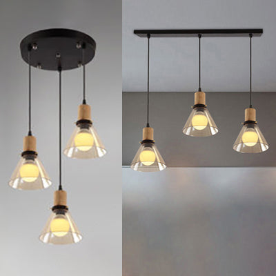 Wood 3-Light Round/Linear Canopy Multiple Hanging Light Industrial Clear Glass Tapered Cluster Pendant for Living Room Clearhalo 'Ceiling Lights' 'Glass shade' 'Glass' 'Industrial Pendants' 'Industrial' 'Middle Century Pendants' 'Pendant Lights' 'Pendants' 'Tiffany' Lighting' 35394
