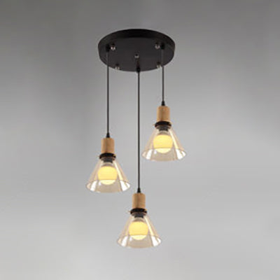 Wood 3-Light Round/Linear Canopy Multiple Hanging Light Industrial Clear Glass Tapered Cluster Pendant for Living Room Clear Round Clearhalo 'Ceiling Lights' 'Glass shade' 'Glass' 'Industrial Pendants' 'Industrial' 'Middle Century Pendants' 'Pendant Lights' 'Pendants' 'Tiffany' Lighting' 35395