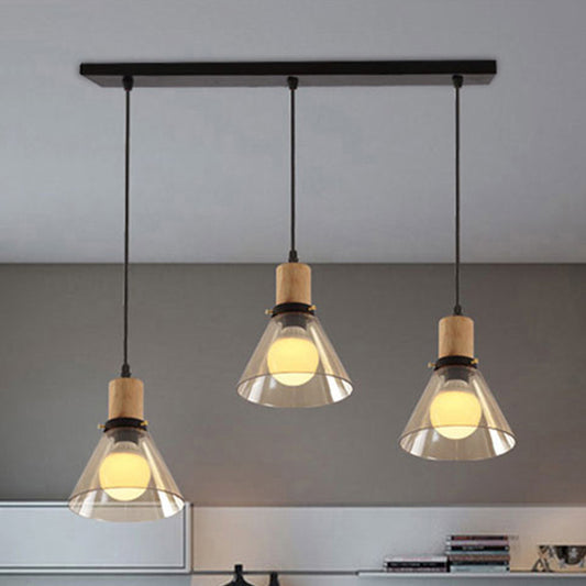 Wood 3-Light Round/Linear Canopy Multiple Hanging Light Industrial Clear Glass Tapered Cluster Pendant for Living Room Clear Linear Clearhalo 'Ceiling Lights' 'Glass shade' 'Glass' 'Industrial Pendants' 'Industrial' 'Middle Century Pendants' 'Pendant Lights' 'Pendants' 'Tiffany' Lighting' 35396