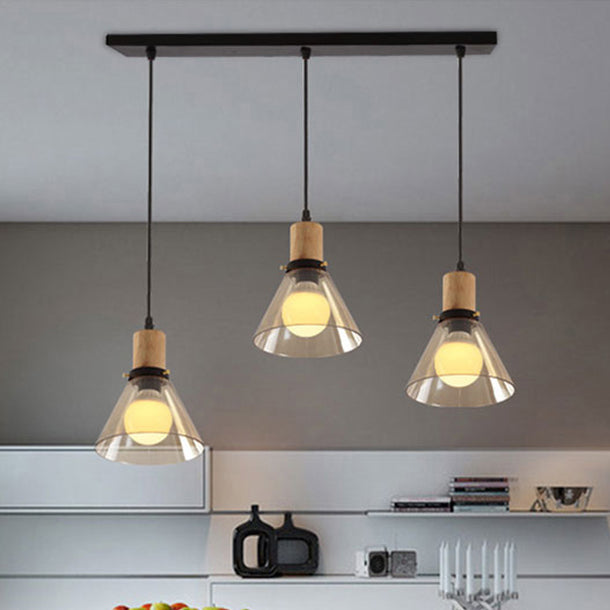 Wood 3-Light Round/Linear Canopy Multiple Hanging Light Industrial Clear Glass Tapered Cluster Pendant for Living Room Clearhalo 'Ceiling Lights' 'Glass shade' 'Glass' 'Industrial Pendants' 'Industrial' 'Middle Century Pendants' 'Pendant Lights' 'Pendants' 'Tiffany' Lighting' 35397