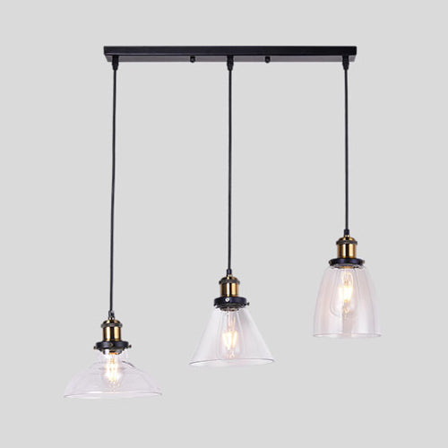 3-Light Round/Barn/Admix Multiple Lamp Pendant Industrial Style Brass Clear Glass Hanging Light Kit Clearhalo 'Ceiling Lights' 'Glass shade' 'Glass' 'Industrial Pendants' 'Industrial' 'Island Lights' 'Middle Century Pendants' 'Pendant Lights' 'Pendants' 'Tiffany' Lighting' 35427