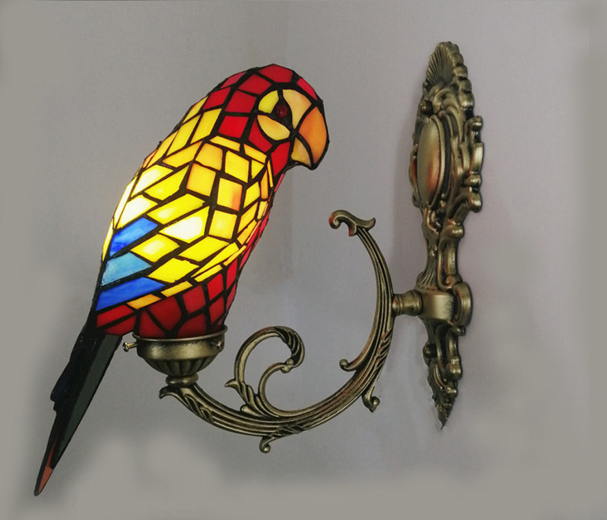 1 Light Parrot Wall Sconce Light Rustic Loft Stained Glass Wall Lighting in Red/Blue for Bedroom Red Clearhalo 'Industrial' 'Middle century wall lights' 'Tiffany wall lights' 'Tiffany' 'Wall Lamps & Sconces' 'Wall Lights' Lighting' 354547