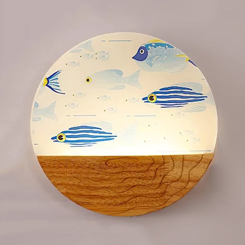 Round LED Wall Light with Animal Creative Wood Sconce Light in Beige for Kindergarten Wood Mermaid Clearhalo 'Wall Lamps & Sconces' 'Wall Lights' Lighting' 35464