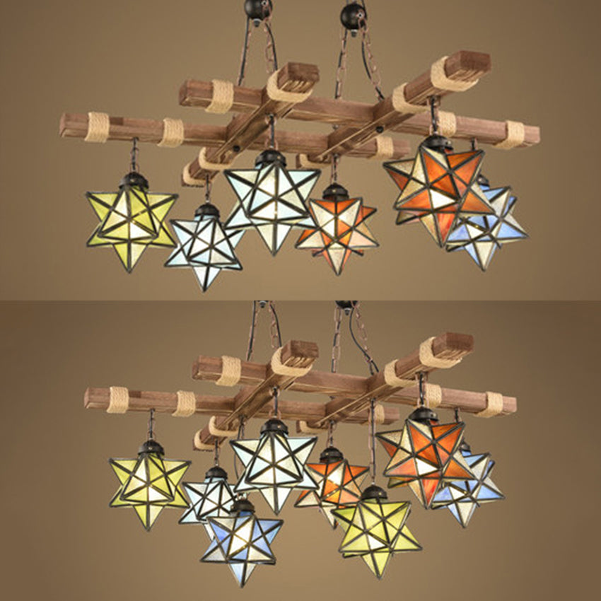 Loft Star Pendant Lighting Stained Glass 6/8 Lights Chandelier Lighting in Rust for Restaurant Clearhalo 'Ceiling Lights' 'Chandeliers' 'Industrial' 'Middle Century Chandeliers' 'Tiffany Chandeliers' 'Tiffany close to ceiling' 'Tiffany' Lighting' 35480