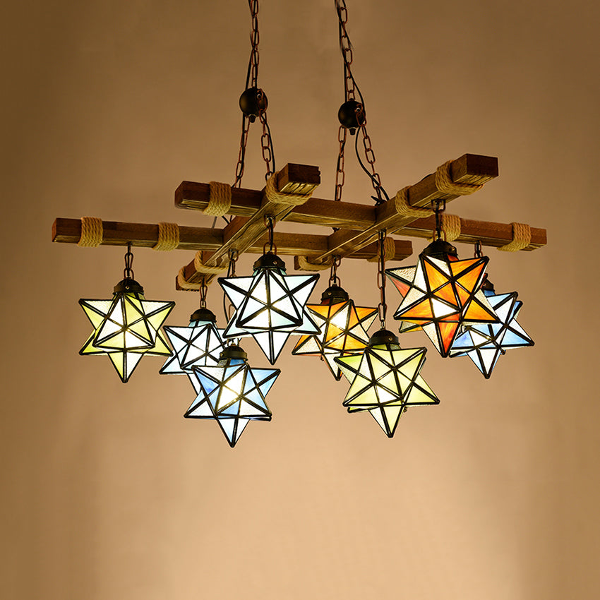 Loft Star Pendant Lighting Stained Glass 6/8 Lights Chandelier Lighting in Rust for Restaurant Clearhalo 'Ceiling Lights' 'Chandeliers' 'Industrial' 'Middle Century Chandeliers' 'Tiffany Chandeliers' 'Tiffany close to ceiling' 'Tiffany' Lighting' 35482