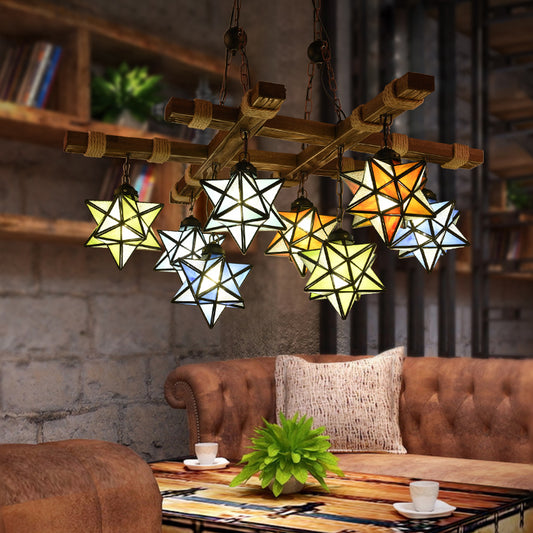Loft Star Pendant Lighting Stained Glass 6/8 Lights Chandelier Lighting in Rust for Restaurant 8 Rust Clearhalo 'Ceiling Lights' 'Chandeliers' 'Industrial' 'Middle Century Chandeliers' 'Tiffany Chandeliers' 'Tiffany close to ceiling' 'Tiffany' Lighting' 35484