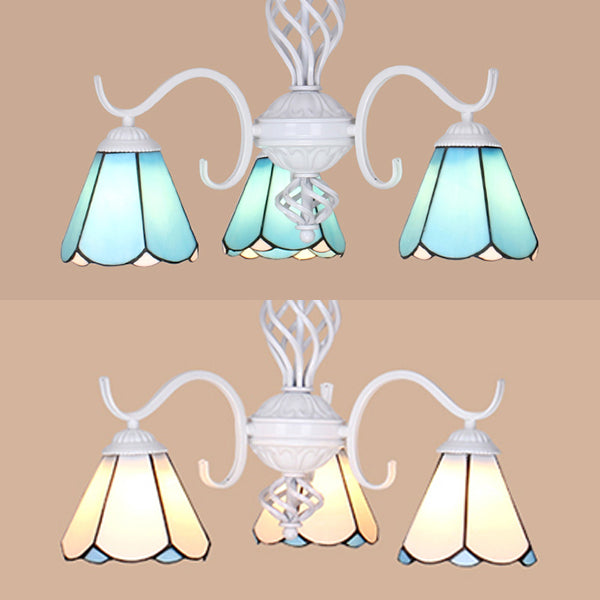 Conical Chandelier Lighting with Metal Chain 3 Lights Stained Glass Tiffany Foyer Lighting in White/Blue Clearhalo 'Ceiling Lights' 'Chandeliers' 'Industrial' 'Middle Century Chandeliers' 'Tiffany Chandeliers' 'Tiffany close to ceiling' 'Tiffany' Lighting' 35630