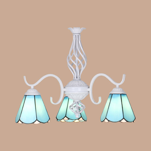 Conical Chandelier Lighting with Metal Chain 3 Lights Stained Glass Tiffany Foyer Lighting in White/Blue Blue Clearhalo 'Ceiling Lights' 'Chandeliers' 'Industrial' 'Middle Century Chandeliers' 'Tiffany Chandeliers' 'Tiffany close to ceiling' 'Tiffany' Lighting' 35631